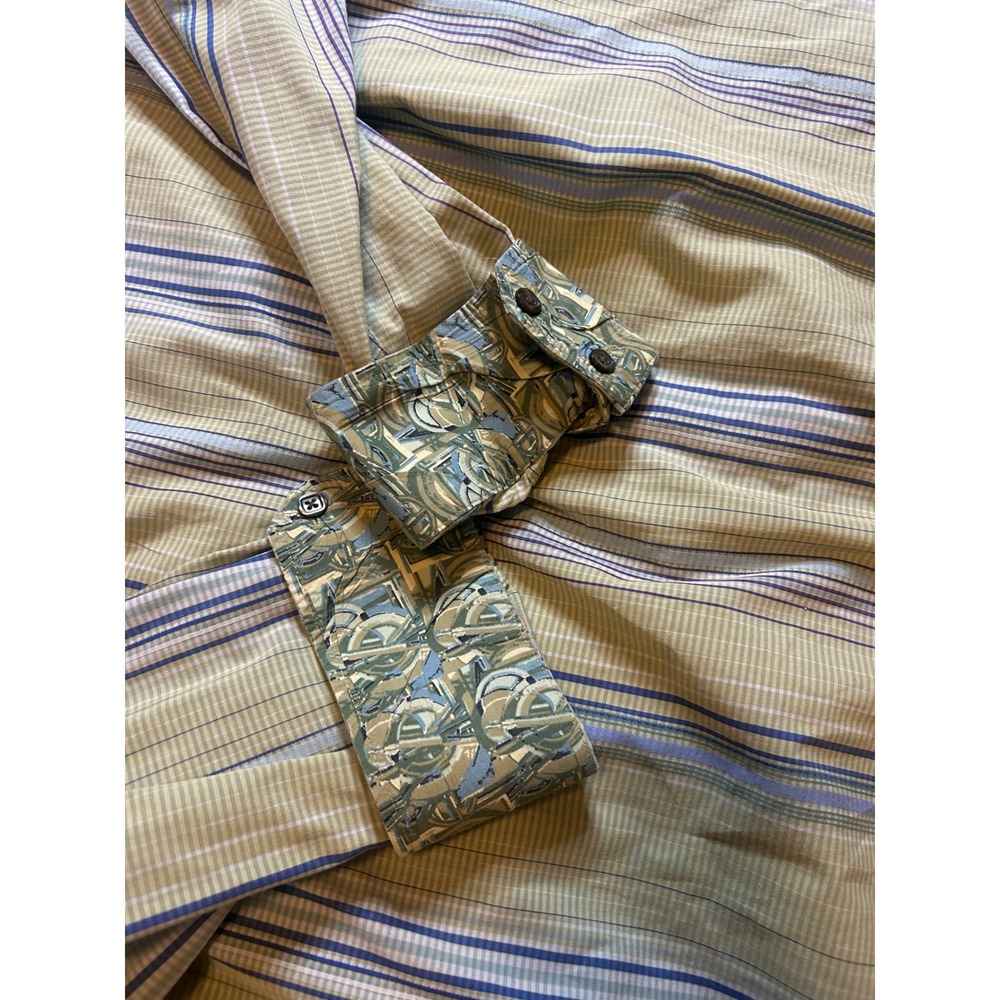 J. Garcia Button Down Mens XXL Tan Blue Striped Long Sleeve Flip Cuffs Shirt - Picture 8 of 9